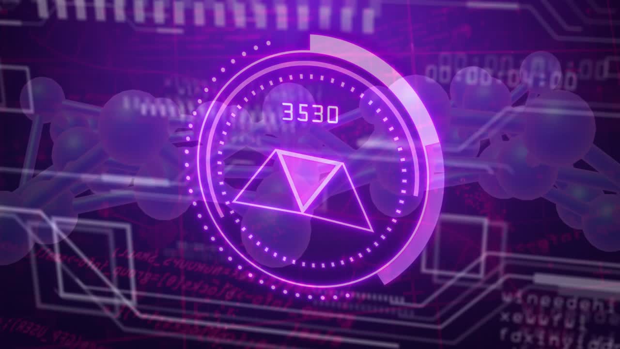Ved opstart roterer en lilla brugerflade, der opdaterer tal, med et pulserende polygon og en løbende analyse.
