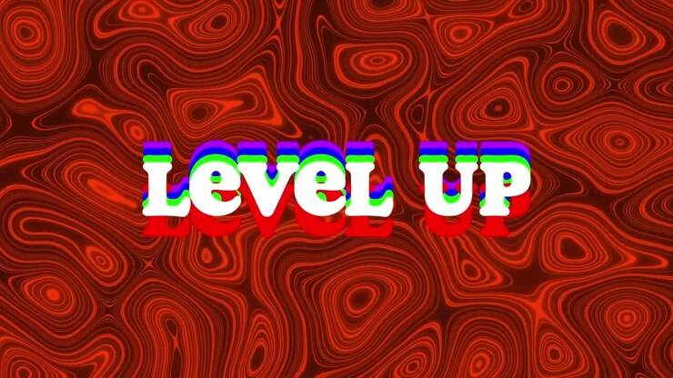 Digital animation of level up text against red moving topography background