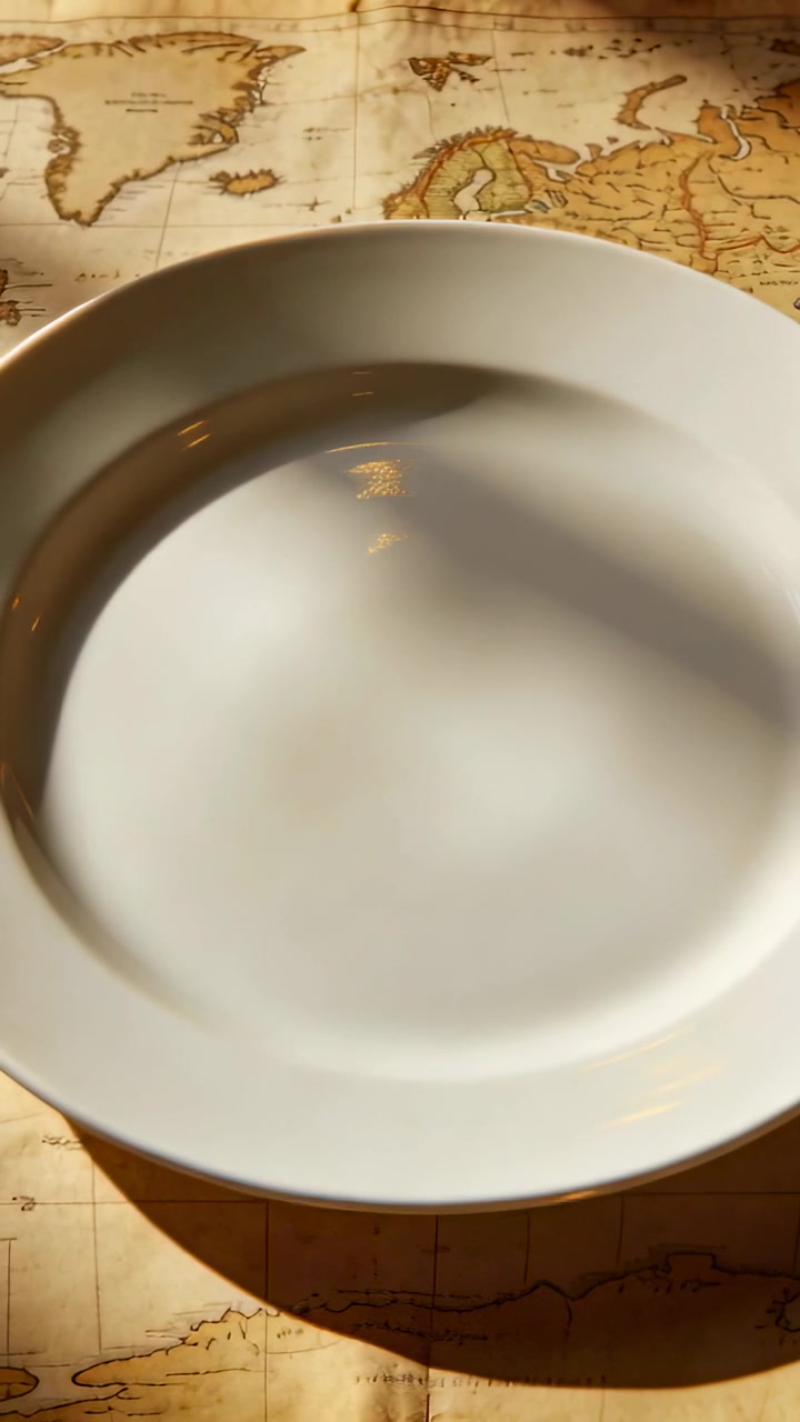Piatto bianco centrato su una tovaglietta a forma di mappa, oggetto che passa proiettando un'ombra per il marketing del prodotto.