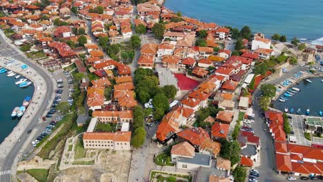 Panoramic-drone-view-above-the-Ancient-City-of-Nessebar,-Bulgaria