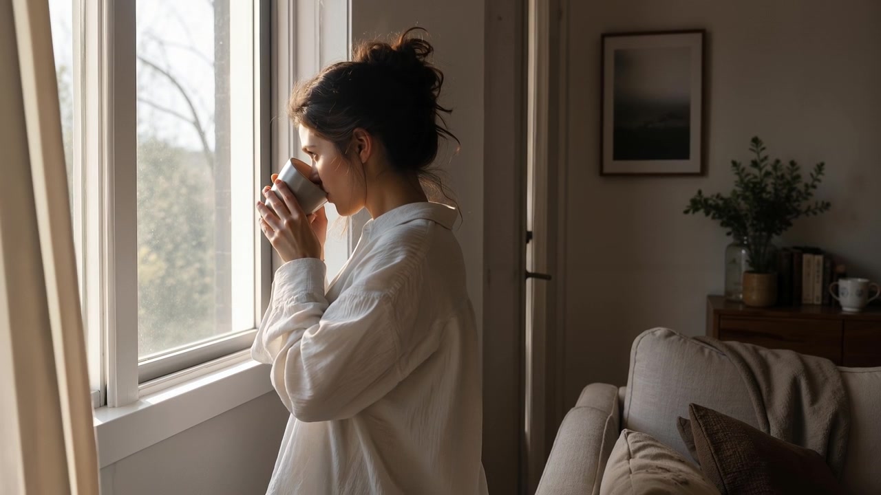 Giovane donna che guarda fuori dalla finestra mentre tiene una tazza in un accogliente soggiorno.