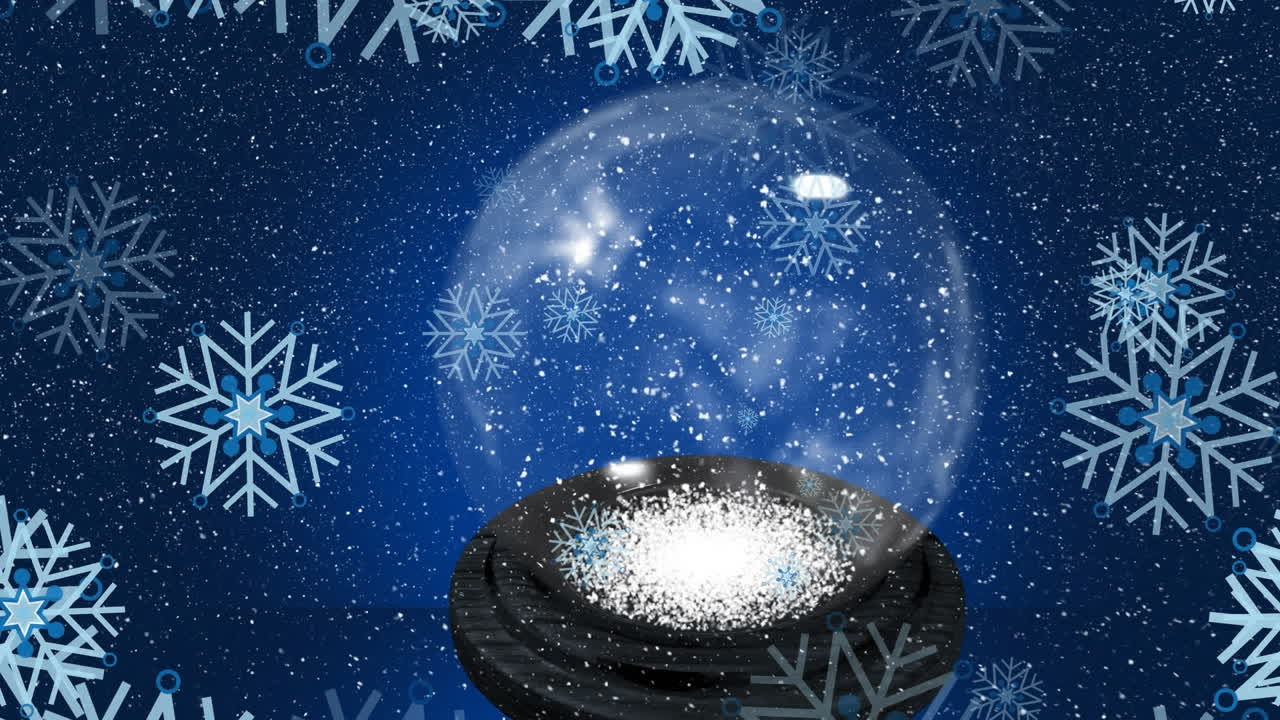 어두운 파란색 배경에 크리스마스 스노우 글로브 위에 떨어지는 눈송이의 애니메이션