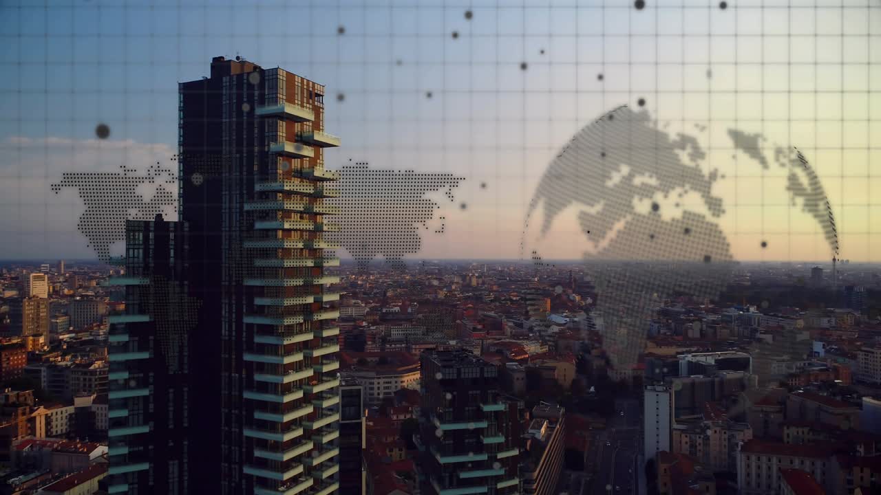 Camera panning left, dark tower shifting to center, dotted globe rotating, showing global data