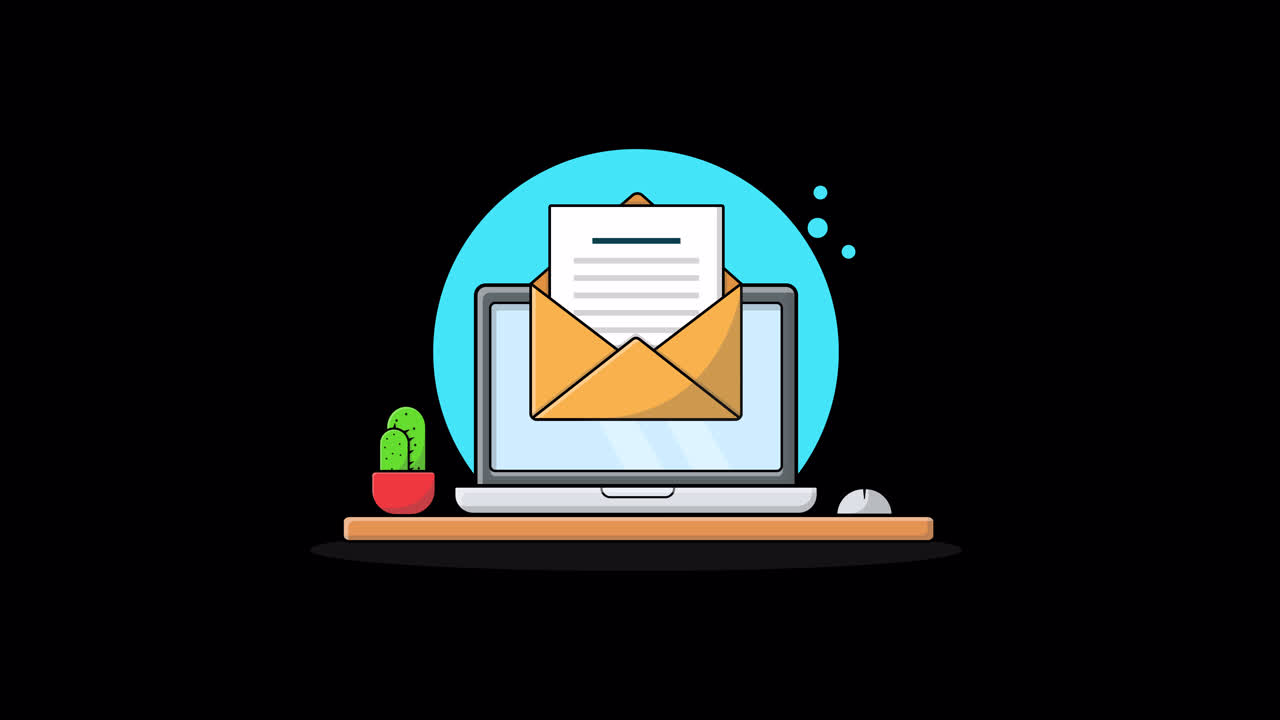 Messaggio email animato che appare sullo schermo di un laptop
