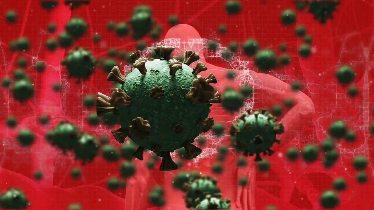 Animation of covid cells floating over world map in background