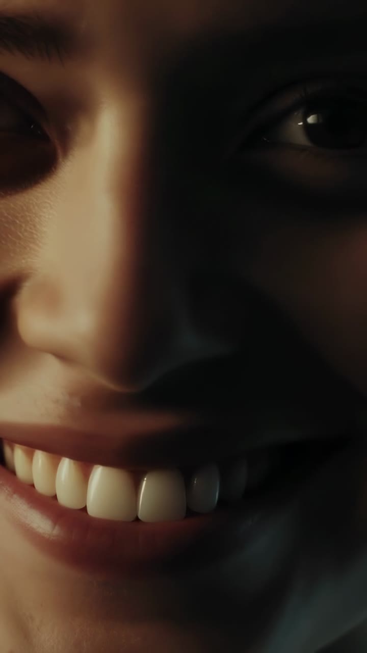 Vertical video: Smiling woman responding to camera shift, opening eyes and showing teeth in studio