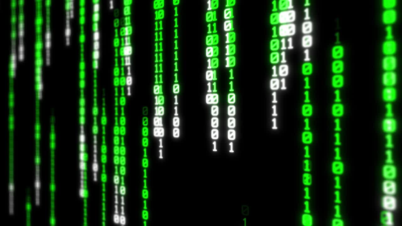 lluvia binaria, corrientes de números verdes, fondo abstracto de 4k, efecto matriz