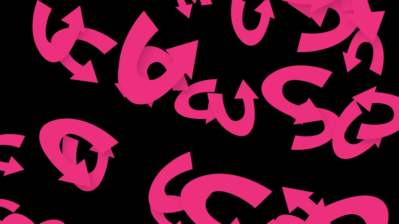 Playful pink curved arrows fall and tumble vertically against a dark background in 2D.