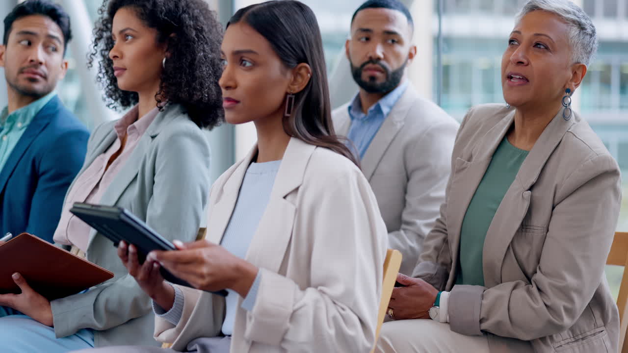 Business people, audience and presentation