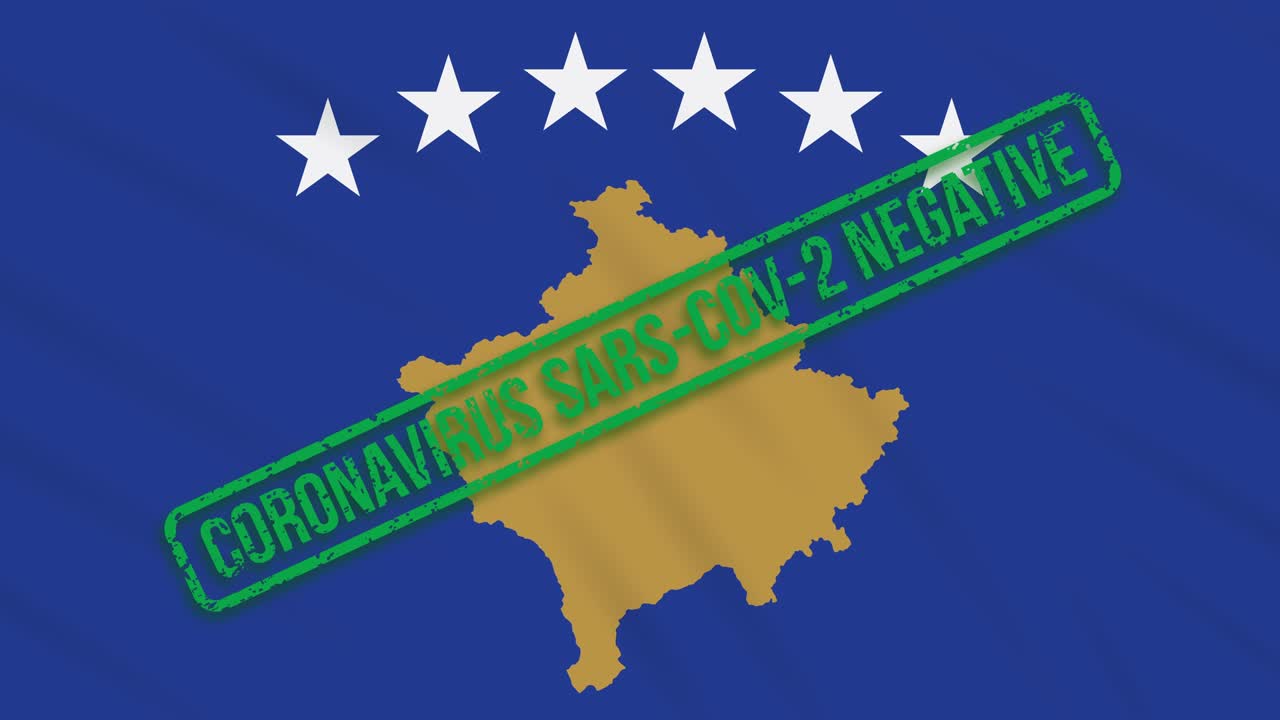 Kosovo swaying flag with a green stamp of freedom from coronavirus, loop