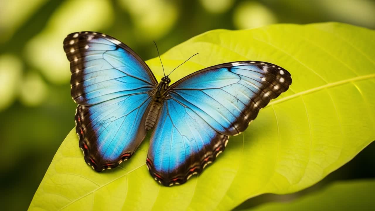 Uno splendido primo piano di una farfalla blu vibrante posata su una foglia verde, che mostra i suoi intricati motivi alari e i colori brillanti in un ambiente lussureggiante e naturale