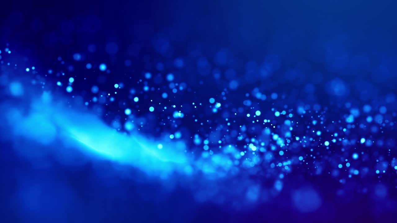 마법의 파란 빛나는 입자가 적적한 액체 속으로 흐르고 밝게 반인다 - 공상과학 소설 - 반이는 입자, 현장 깊이 및 보케와 함께 4k 3d sf 배경 - 알파 채널로 루마 매트