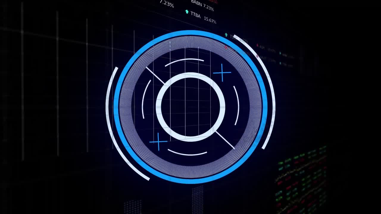 Animation of loading circles with graphs and trading board against black background