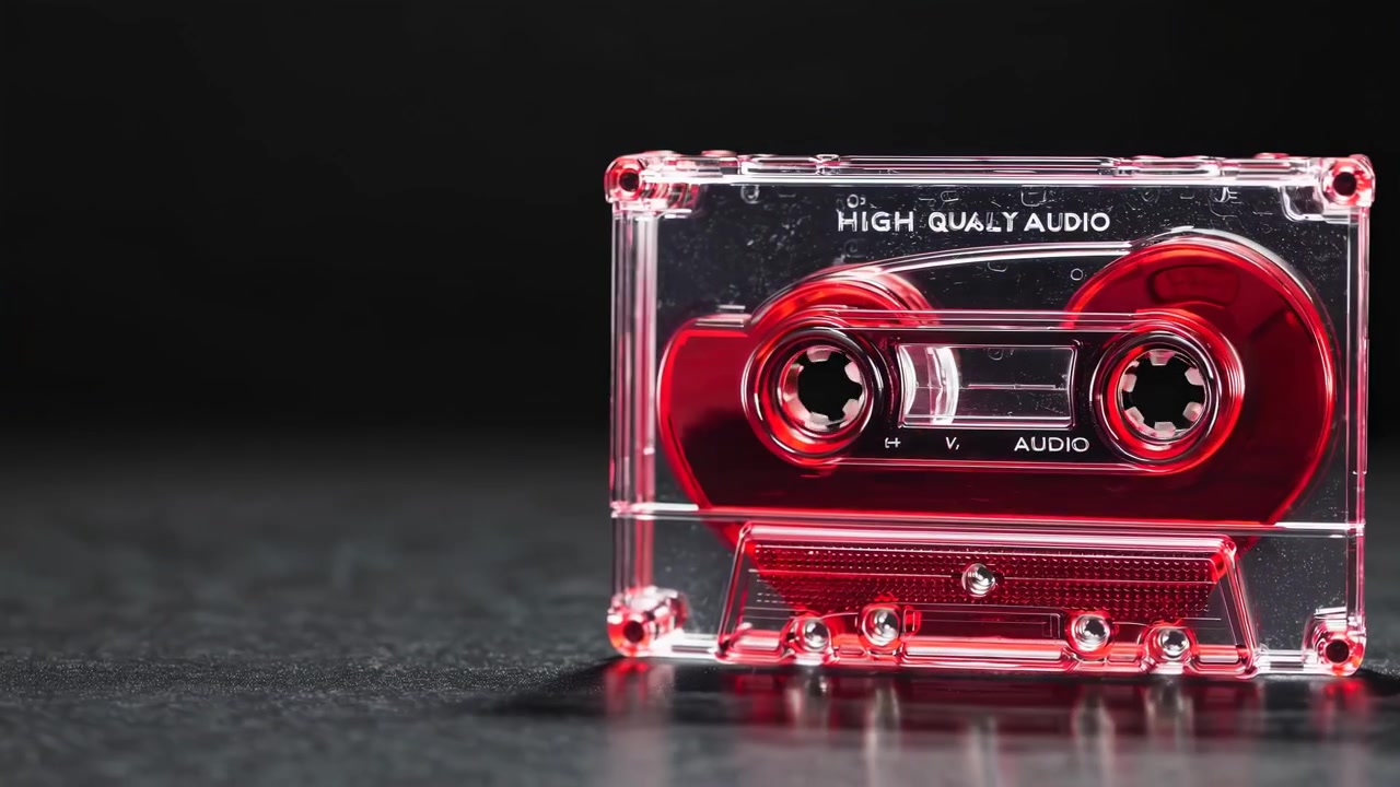 Primo piano di un'audiocassetta rossa trasparente in rotazione