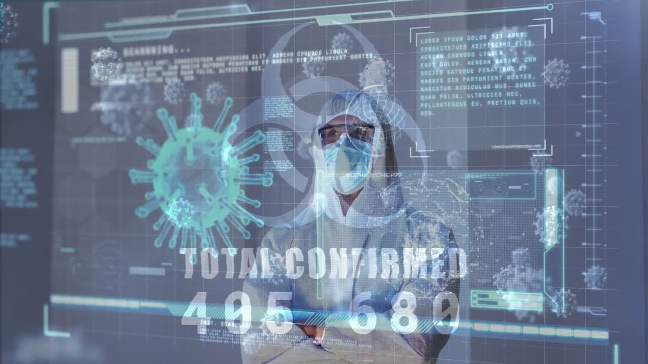 animación del icono de peligro biológico, células virales, interfaz digital sobre un médico que lleva una máscara facial