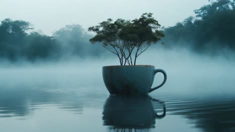 tiny tree in a cup on a misty lake