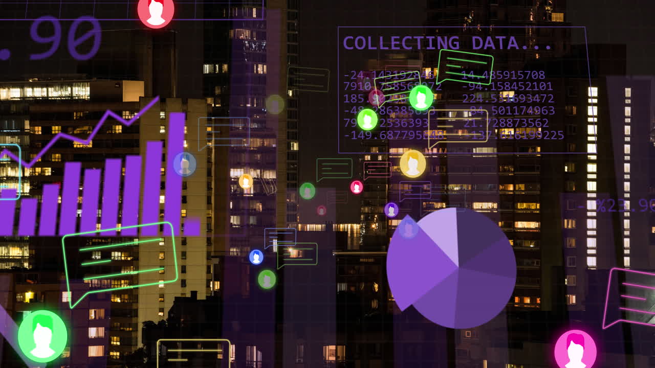 Animation of financial data processing over cityscape