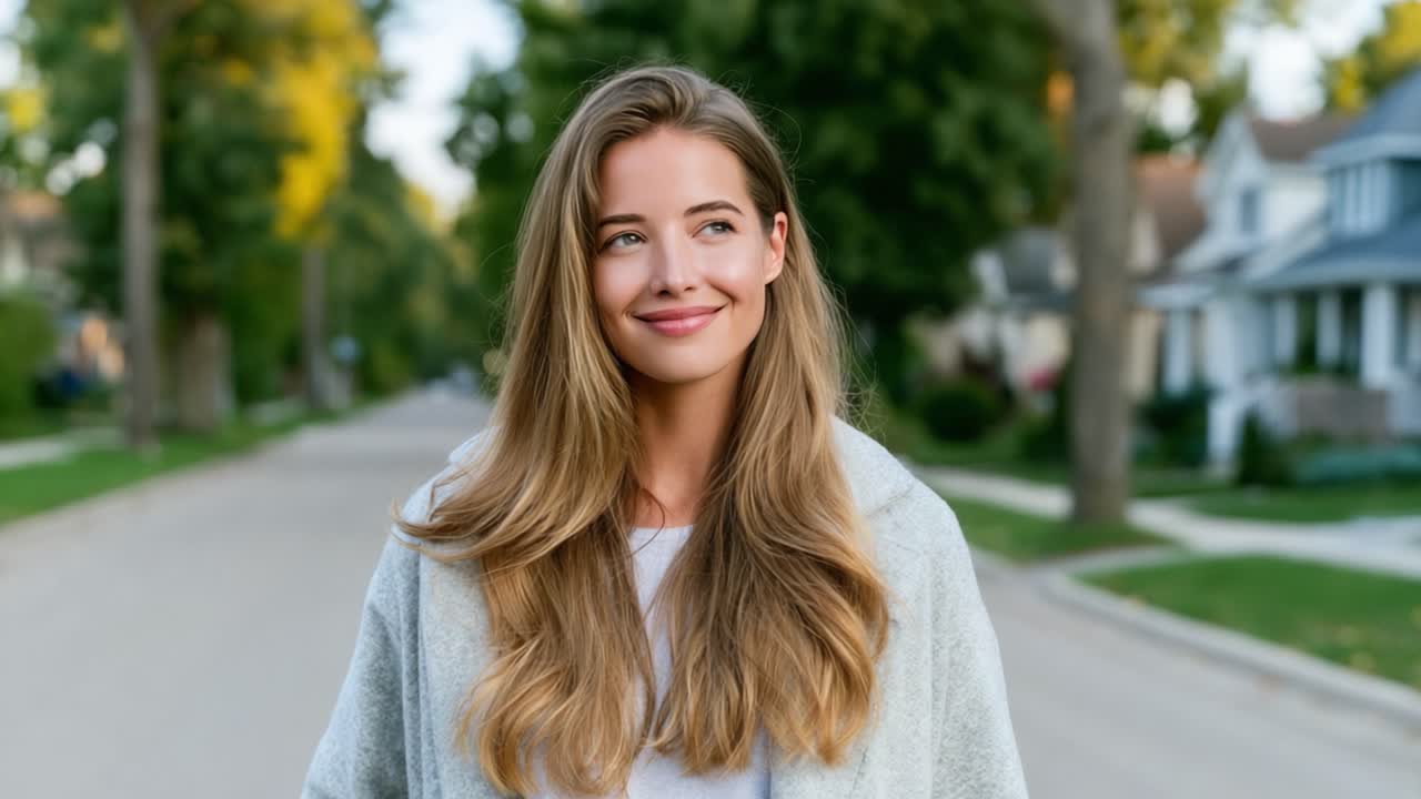En ung kvinde med langt, flagrende hår smiler glad på en fredelig villavej, udstrålende varme og glæde i sit afslappede tøj mod en rolig baggrund
