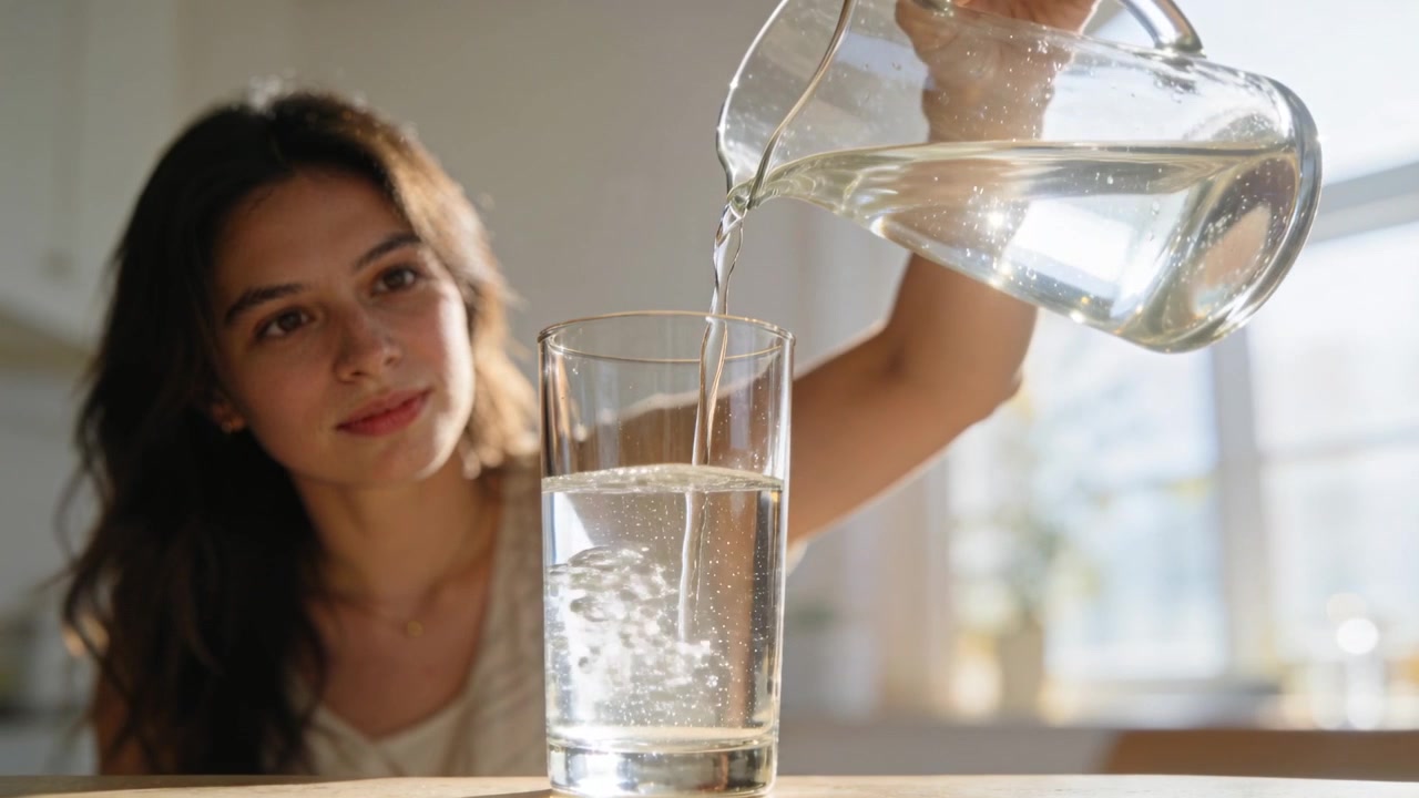 Greift nach einer klaren Kanne, gießende Frau in hellem Oberteil beobachtet das Glas beim Befüllen am Heimtisch.