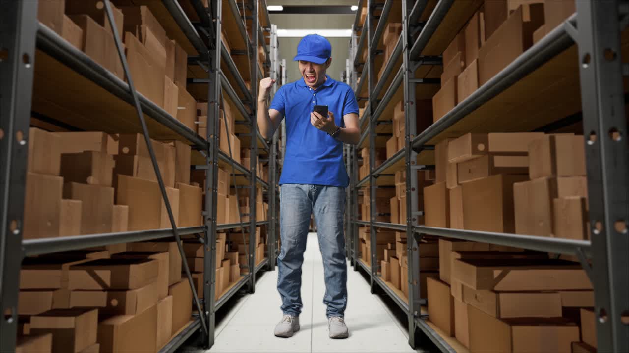 cuerpo lleno de mensajero masculino asiático en uniforme azul mirando el teléfono inteligente y celebrando el éxito mientras entrega una caja en el almacén