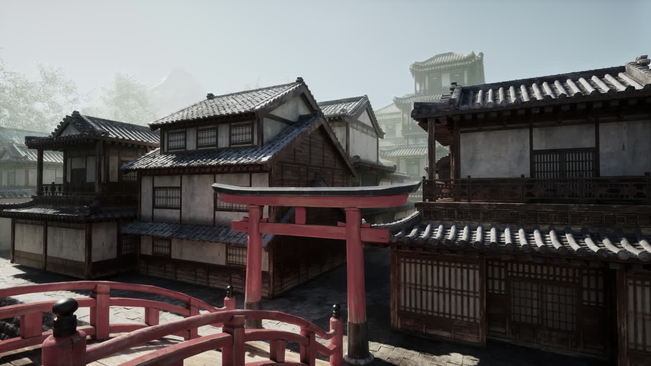 은 다리와 토리 게이트가 있는 전통적인 일본 마을.