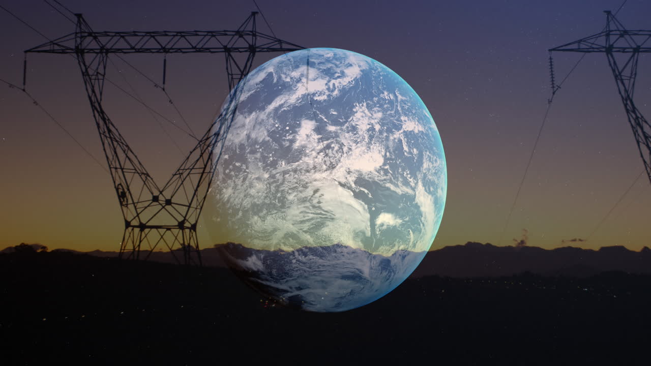 Animation of spinning globe over electricity pylon