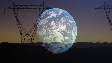 animation of spinning globe over electricity pylon