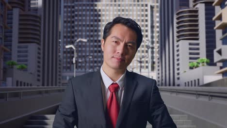 asian business man in classic shirt and red necktie buttoning jacket. dressing for celebration event, business meeting or wedding in city