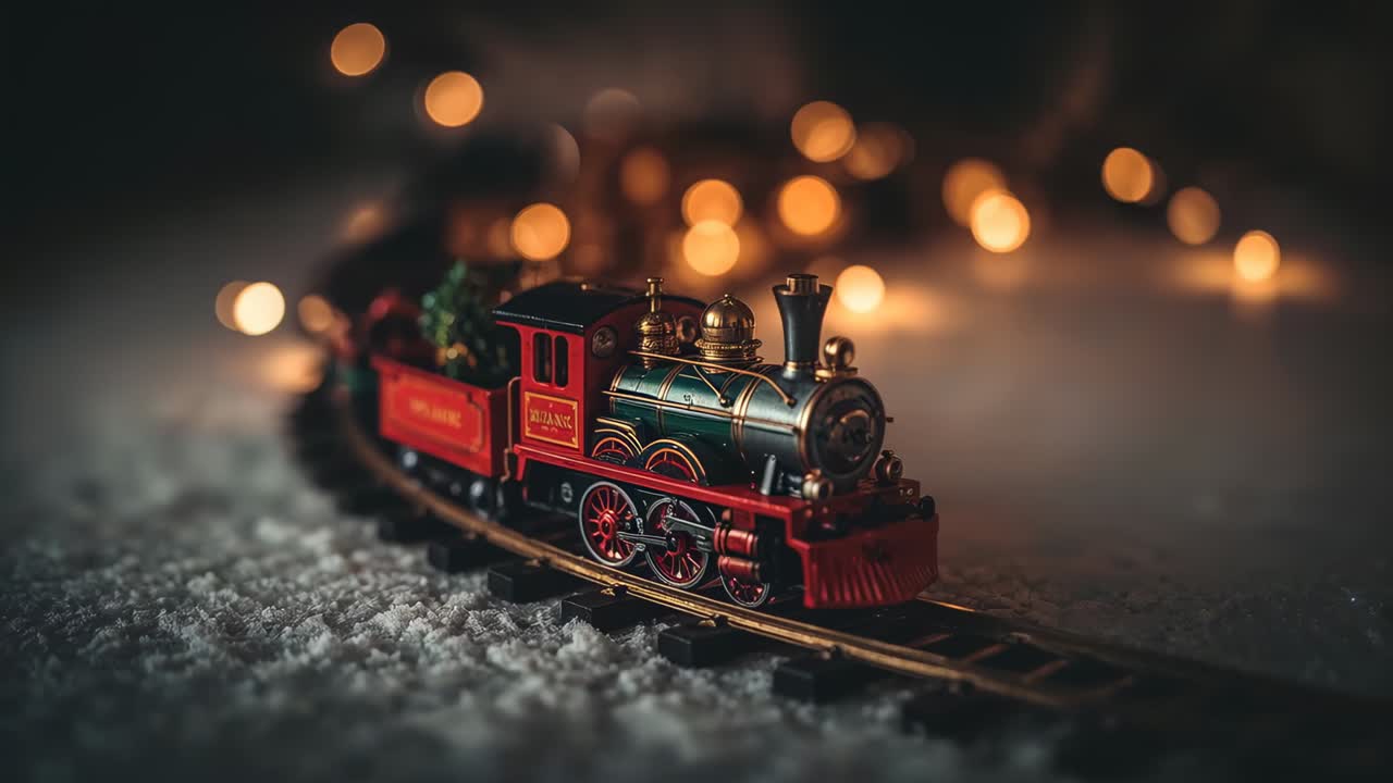 Sequence starting, toy green loco rolling on snowy table for festive display, tender holding tree