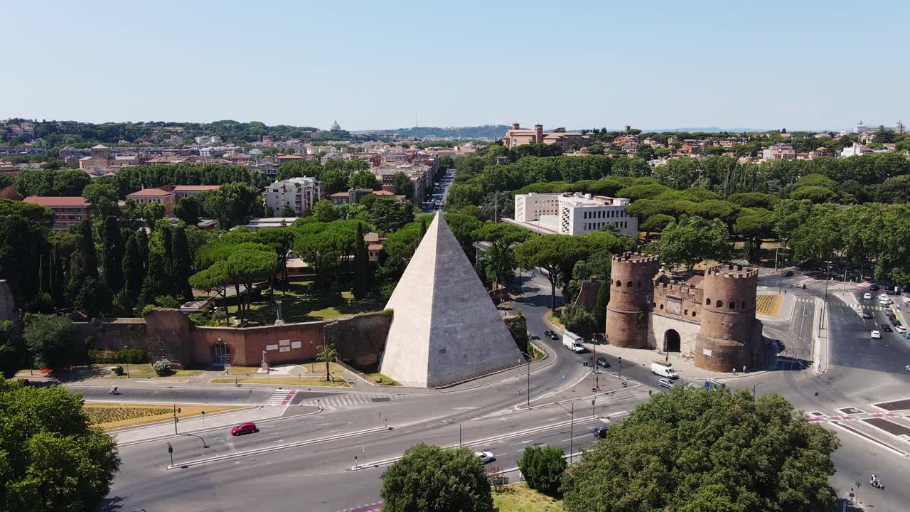 Marble Roman pyramid rises above traffic in a timeless blend of history and life