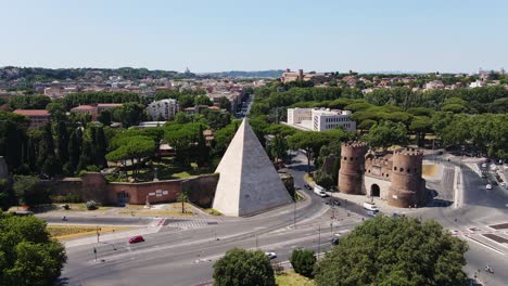 marble roman pyramid rises above traffic in a timeless blend of history and life
