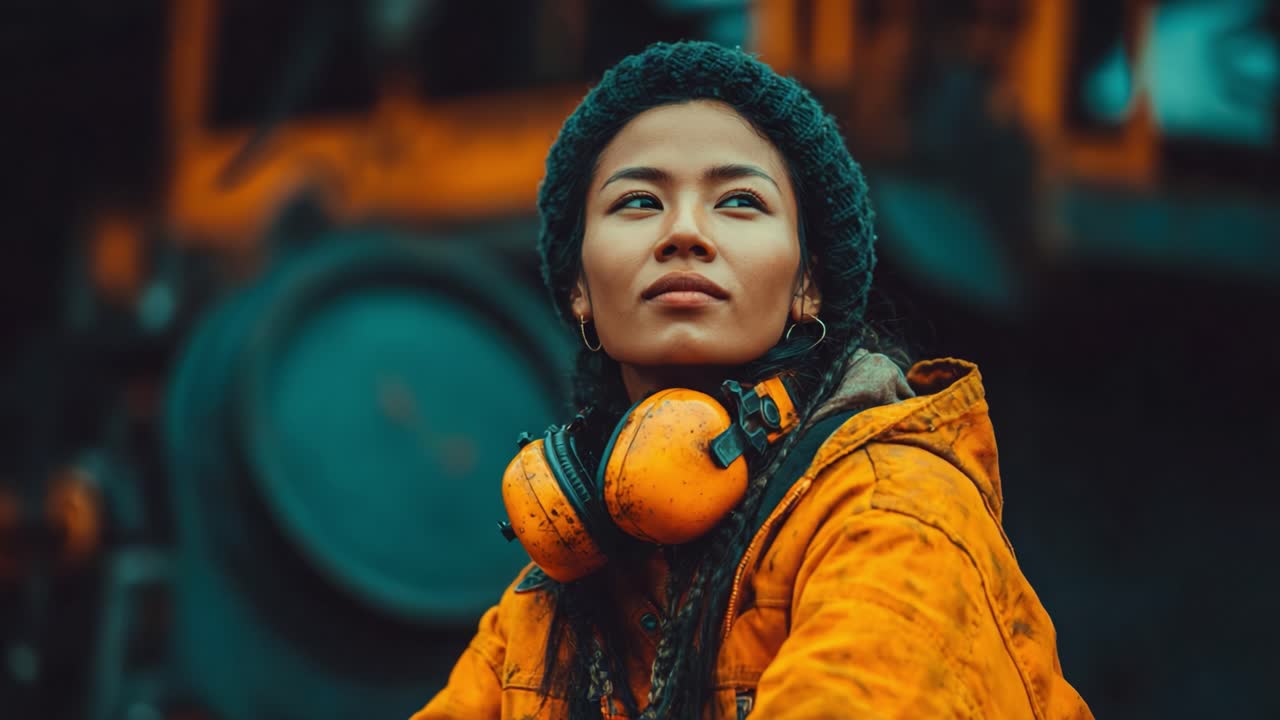 A focused and determined individual demonstrates strength and confidence while wearing vibrant safety gear, capturing the essence of hard work and resilience in a rugged environment