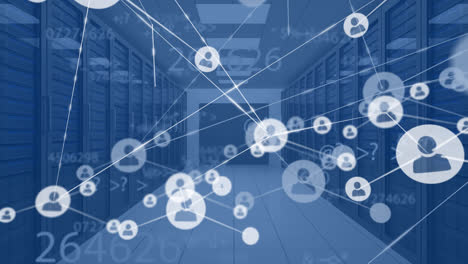 animation of network of connections with icons and data processing over server room