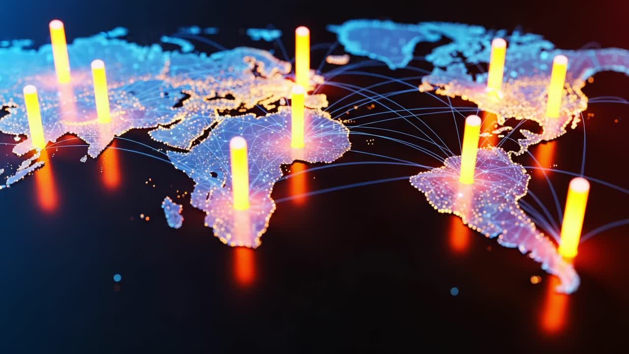Global Network Visualization: Insight into Connectivity and Data Transmission Across Continents with Bright Nodes Representing Digital Interactions and Connections