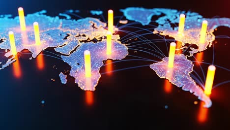 global network visualization: insight into connectivity and data transmission across continents with bright nodes representing digital interactions and connections