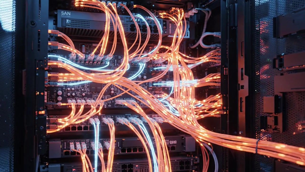 Illuminated Data Center with Complex Fiber Optic Cables and High-Tech Servers Showcasing Advanced Networking Technology for Digital Infrastructure Management.