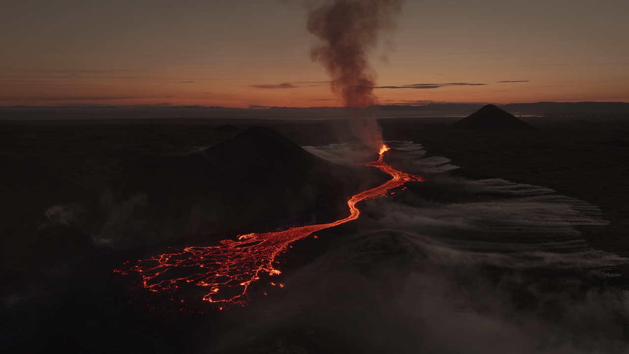 Lava Flow from Icelandic Volcano at Sunset