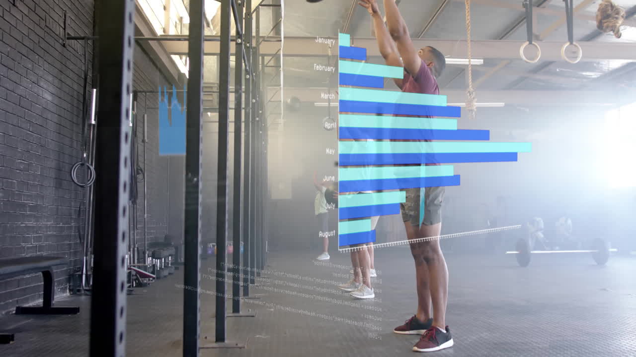 Man exercising with medicine ball, blue bar chart animation over gym scene