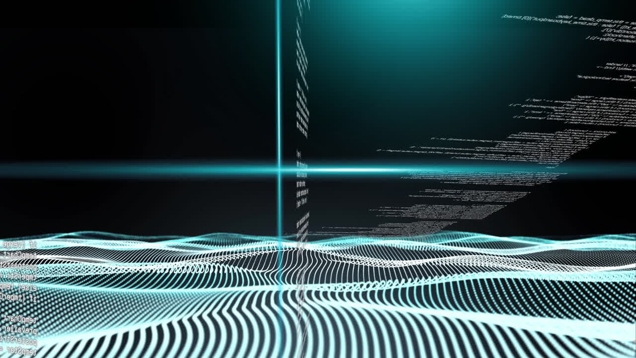 Animation of blue scanner beams over 3d network waves and data processing on black background