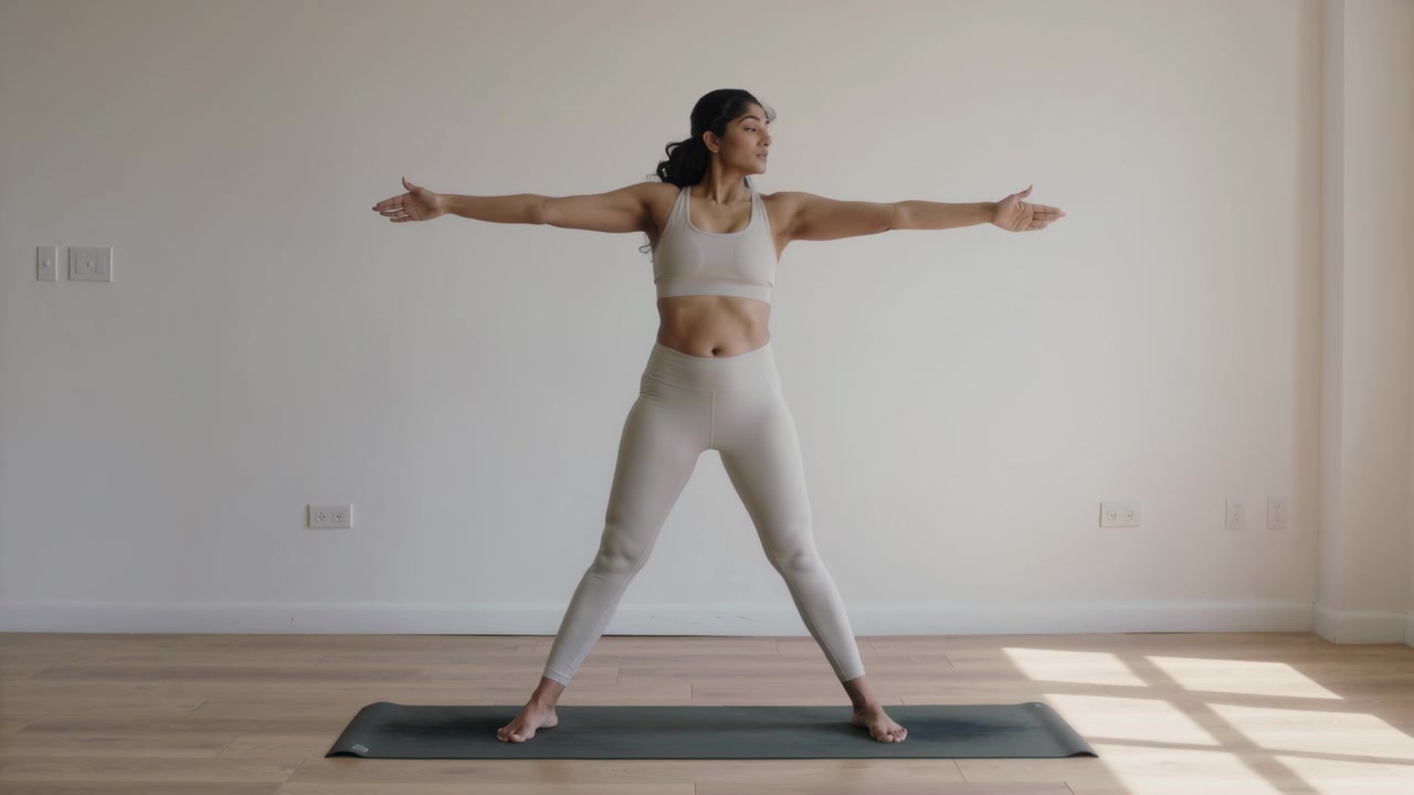 Treinador realizando rotação de equilíbrio a partir de uma postura ampla em estúdio, sobre tapete escuro, vestindo roupa esportiva creme.