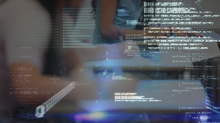 Animation of kids in a classroom over data processing in the background