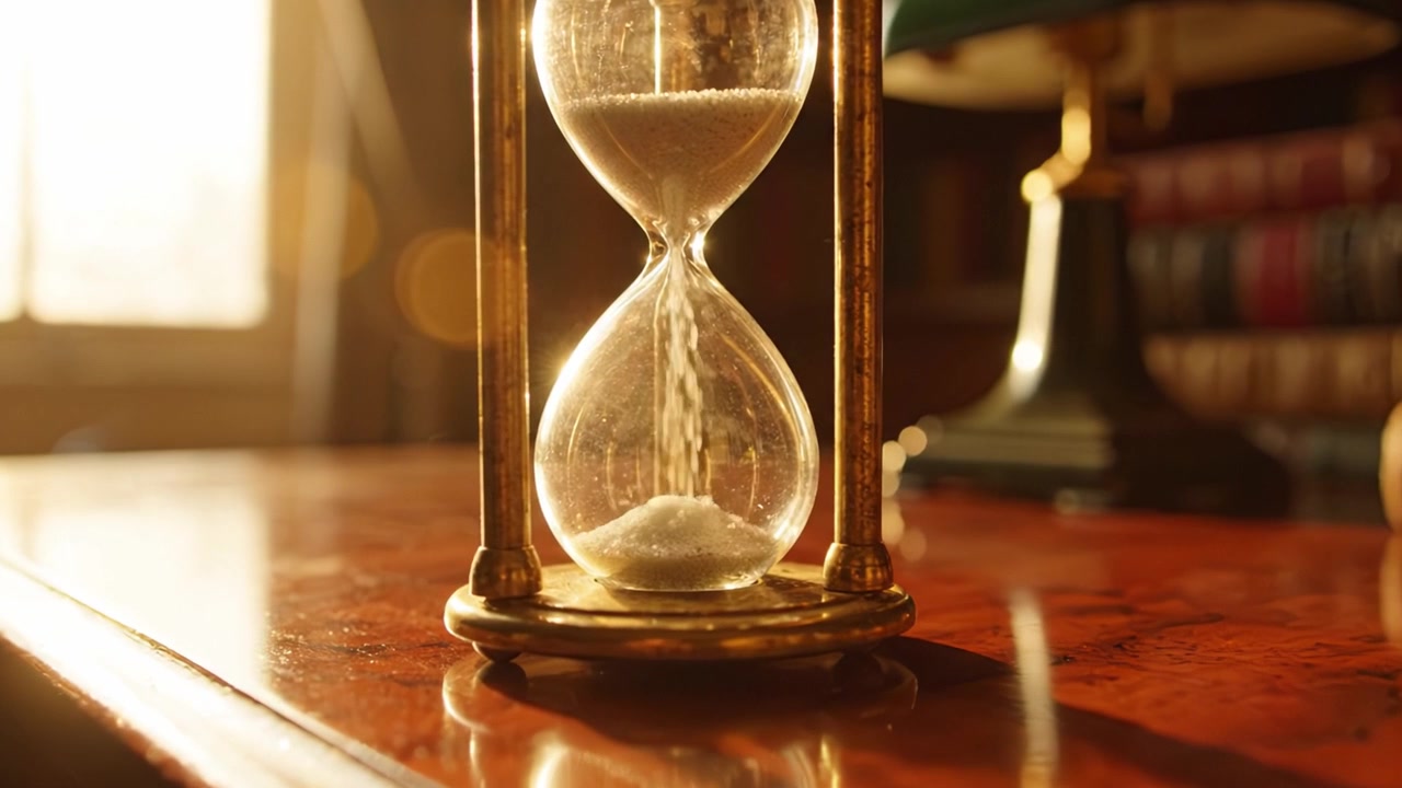 An elegant hourglass sits on a polished wooden desk, capturing the essence of time as the sun's warm light illuminates the room's inviting atmosphere.
