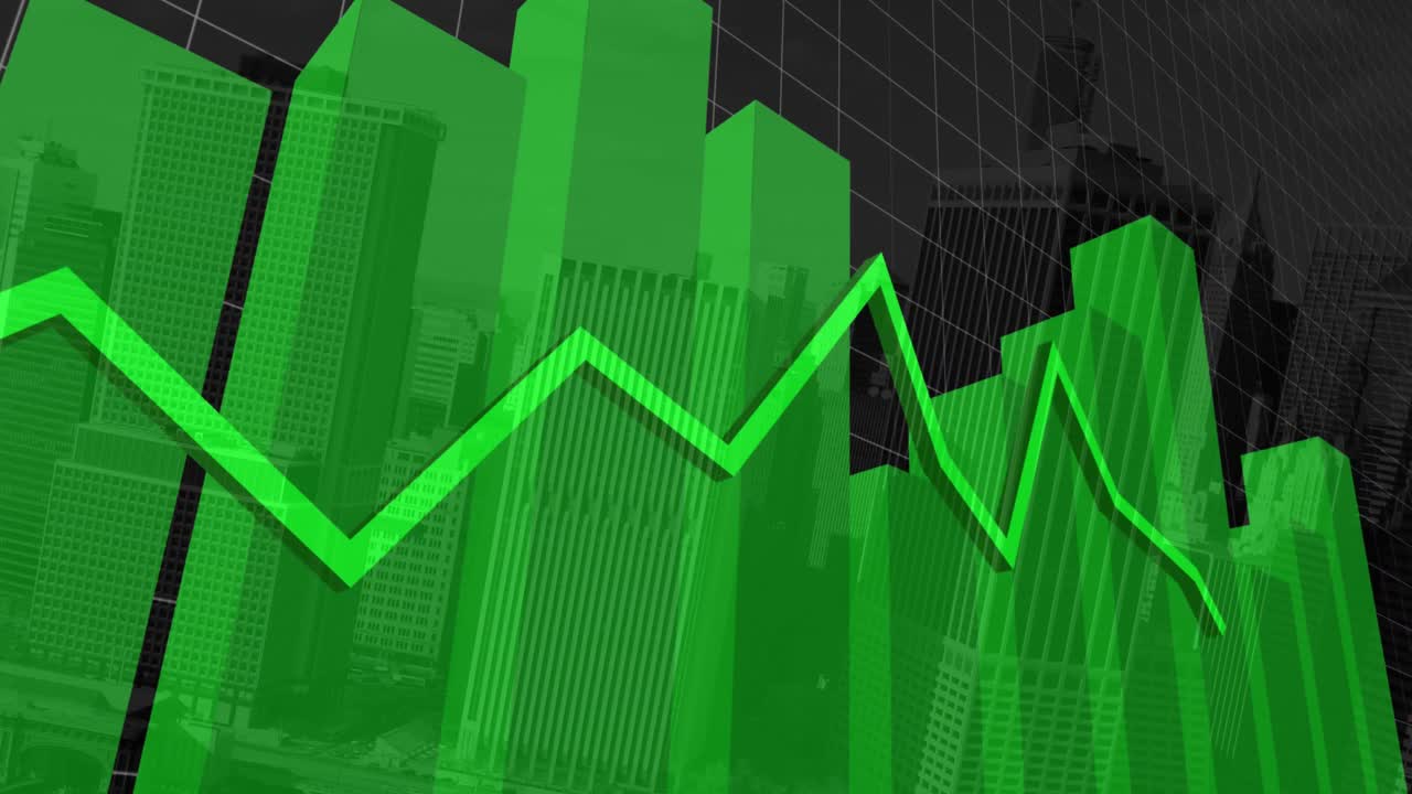 animación del procesamiento de datos financieros con líneas verdes sobre la red y el paisaje urbano