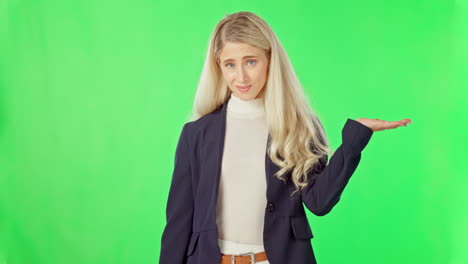 business woman, hands and green screen with space
