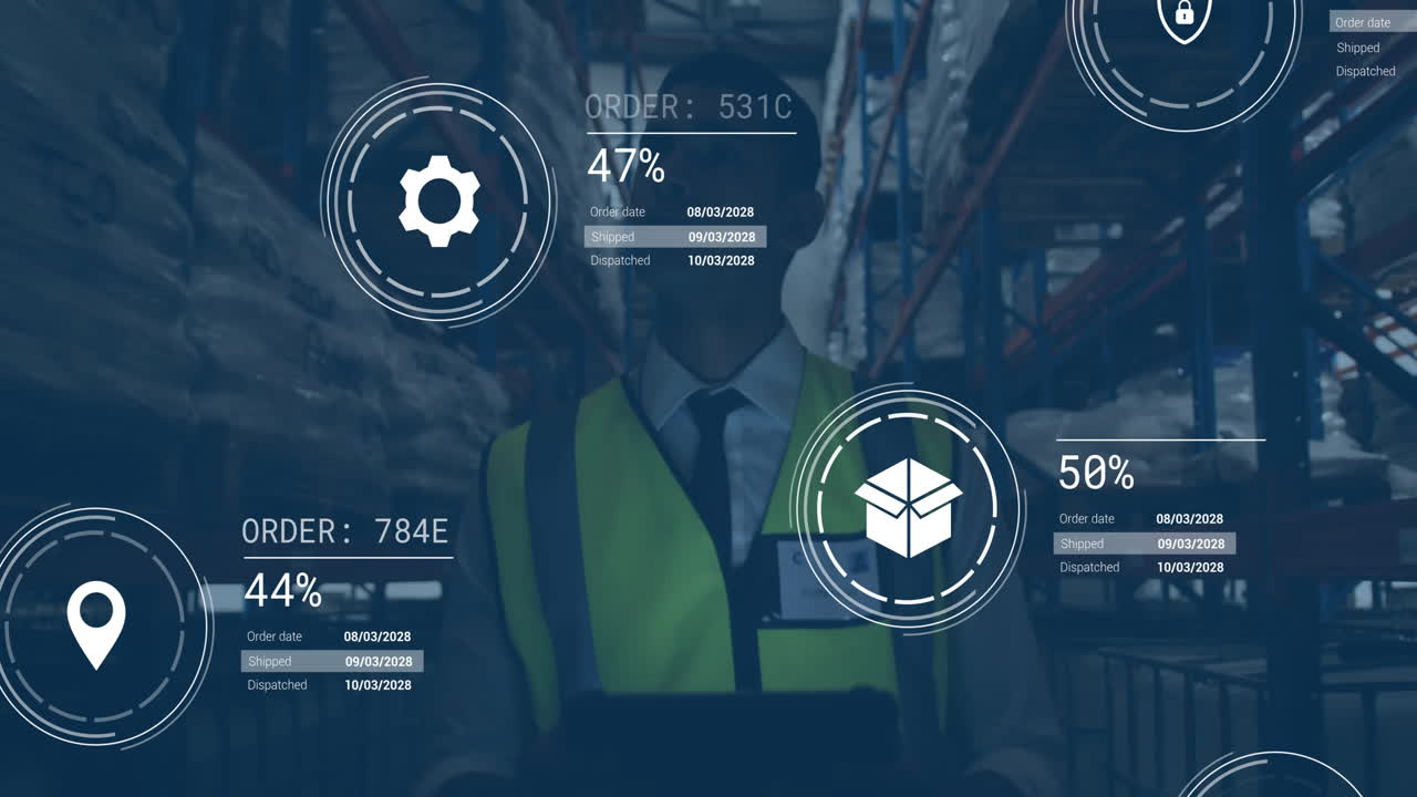 trabajador de almacén con tableta, animación de procesamiento de pedidos sobre el fondo del almacén