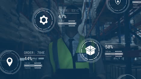 trabajador de almacén con tableta, animación de procesamiento de pedidos sobre el fondo del almacén