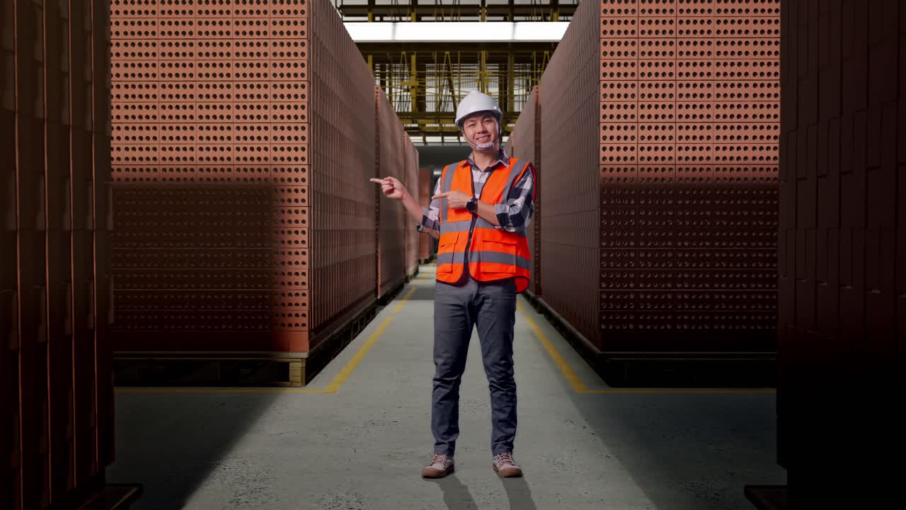Full Body Of Asian Male Engineer With Safety Helmet Smiling And Pointing To Side While Standing With Red Brick Packed in Stacks Are Stored