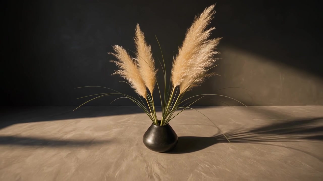 Pulling back camera as warm left sun shifts, revealing black vase with pampas plumes and shadows