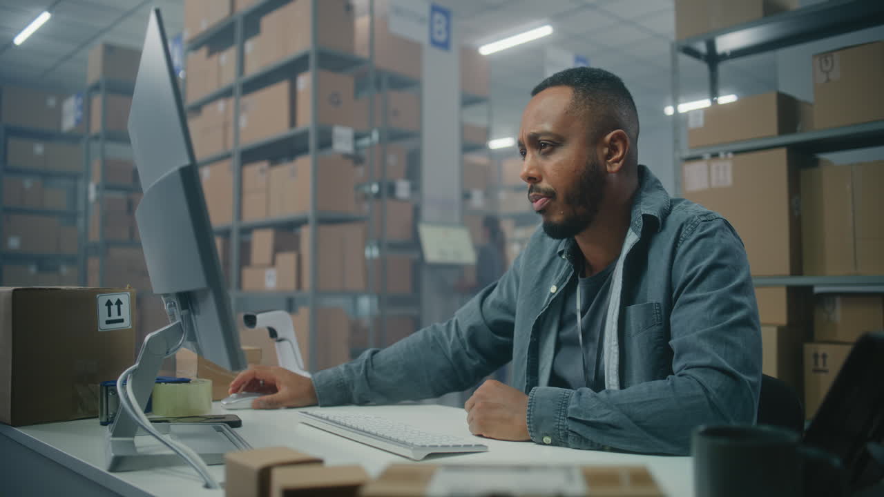 trabajador de almacén que utiliza computadora