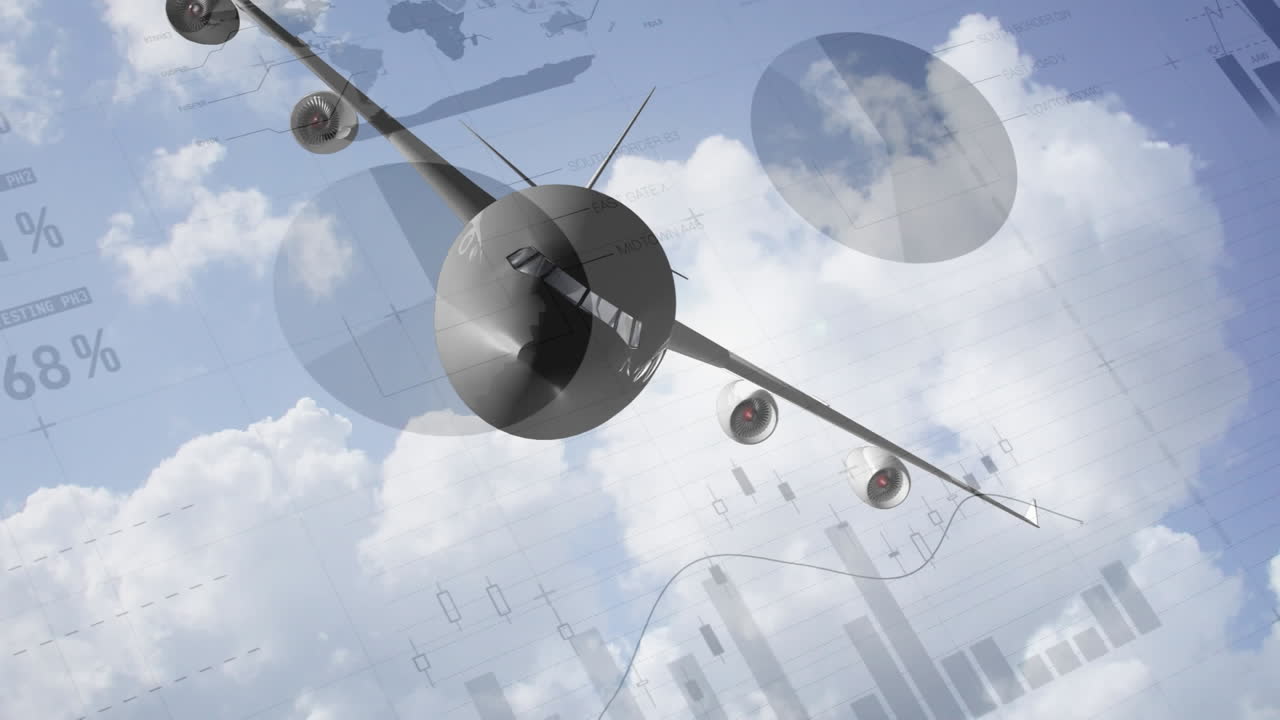 데이터 처리를 통해 하늘을 날아다니는 비행기의 애니메이션, 배경에는 통계가 표시됩니다.